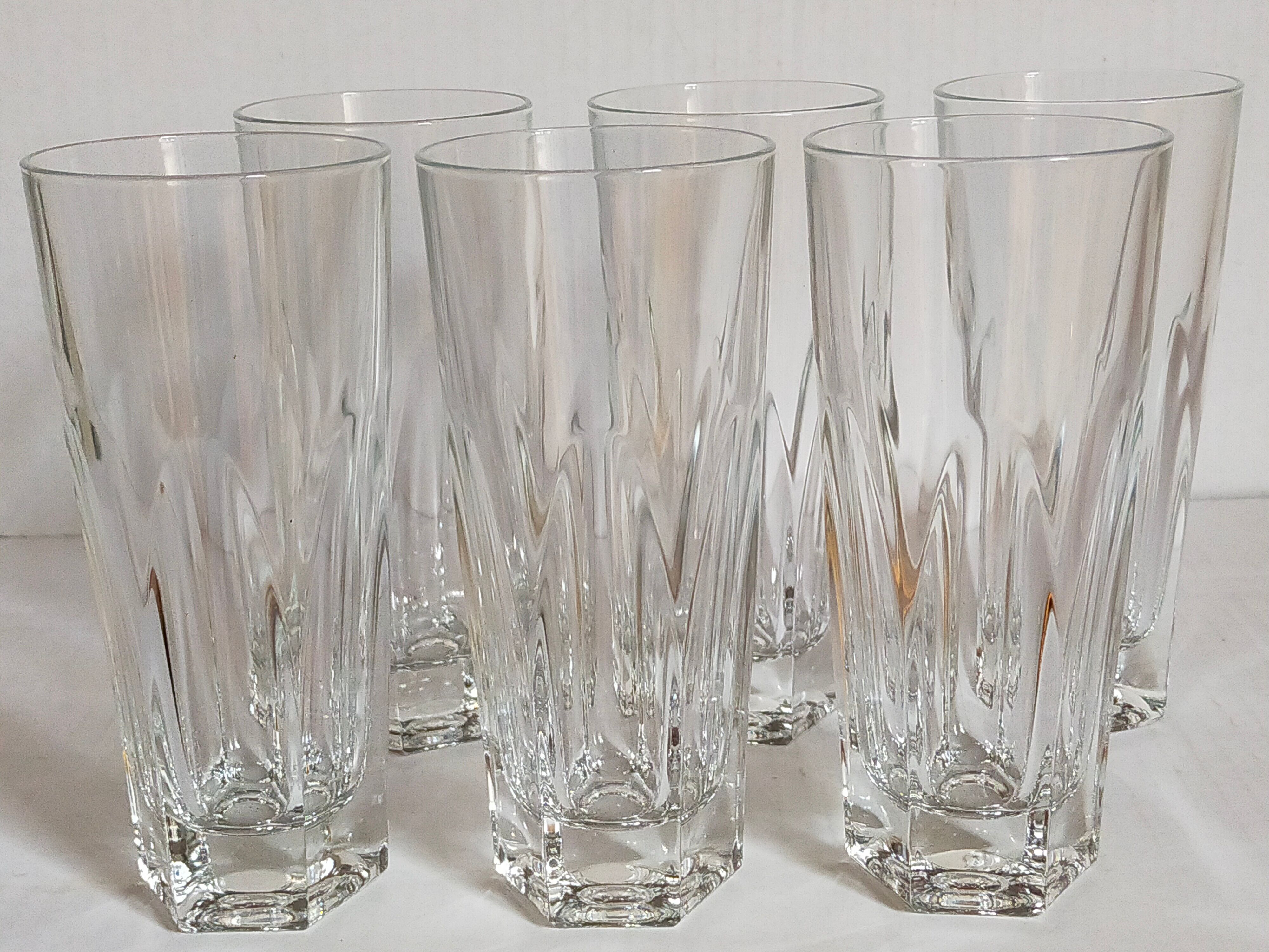Six Art-Deco long drink glasses in crystal with cut sides