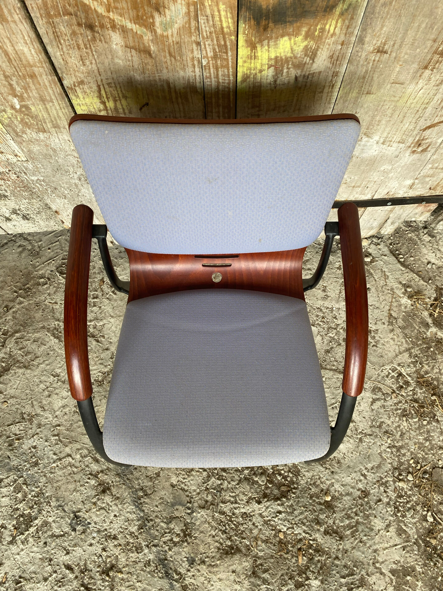 Vintage Armchair RONÉO Black Metal Legs + Dark Wood Shell + Vintage Fabric