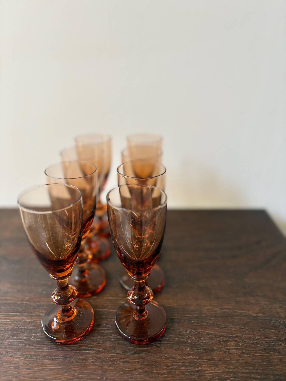 Set of 8 vintage amber portieux crystal glasses from the 70s