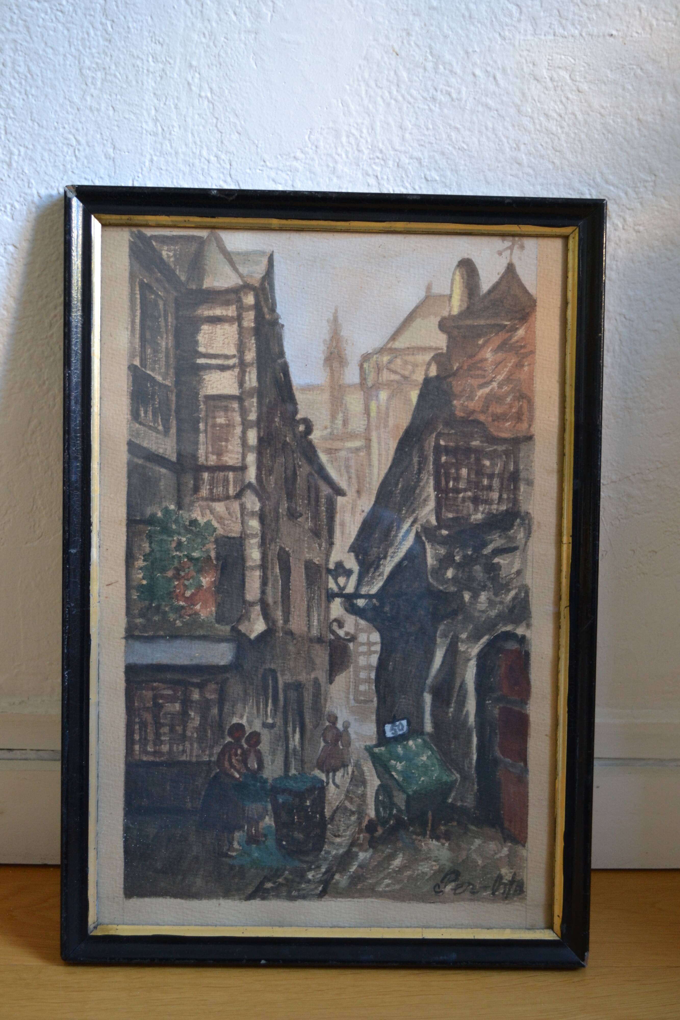 Ancient gouache painting rue brise miche le marais paris