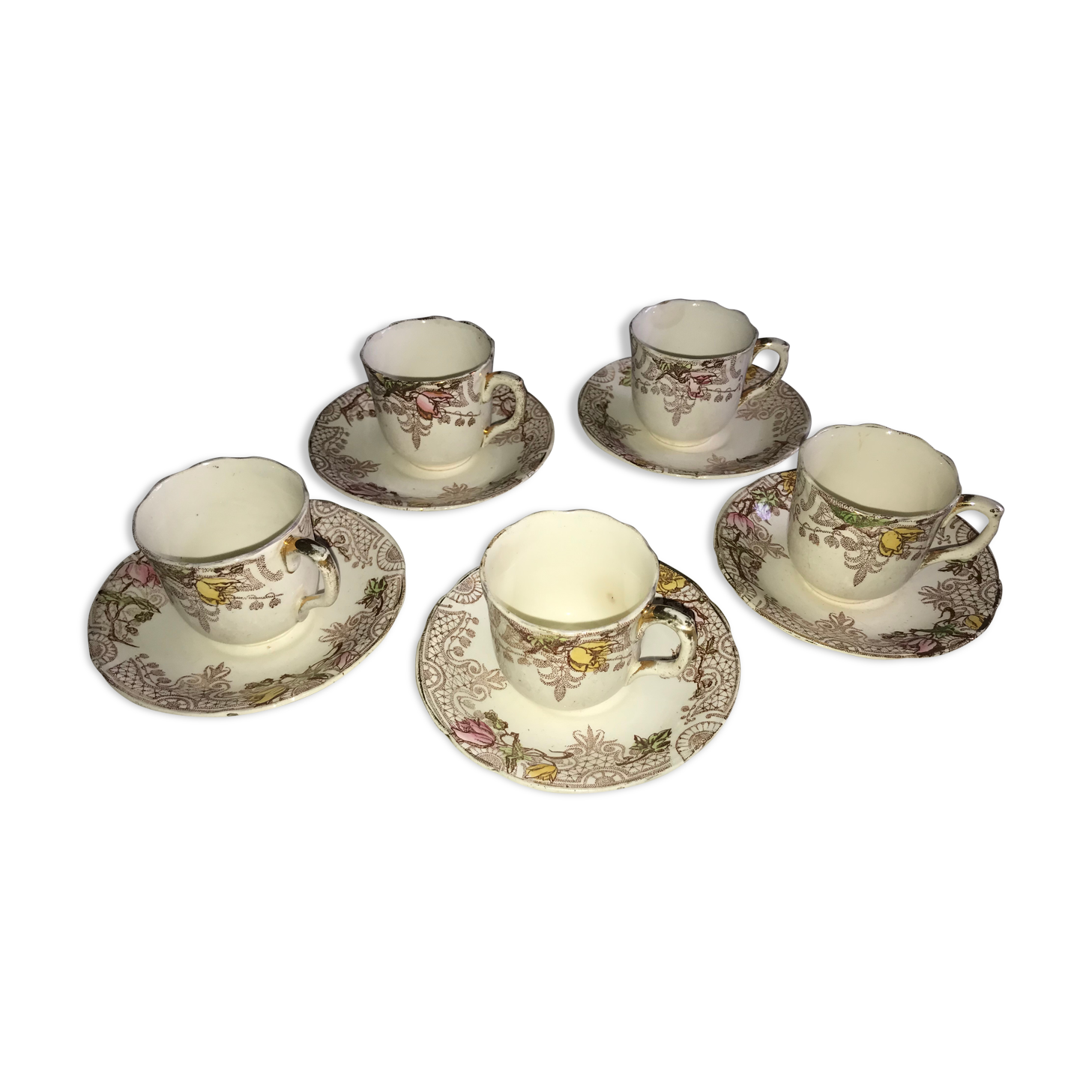 5 Guipure Luneville coffee cups with saucers
