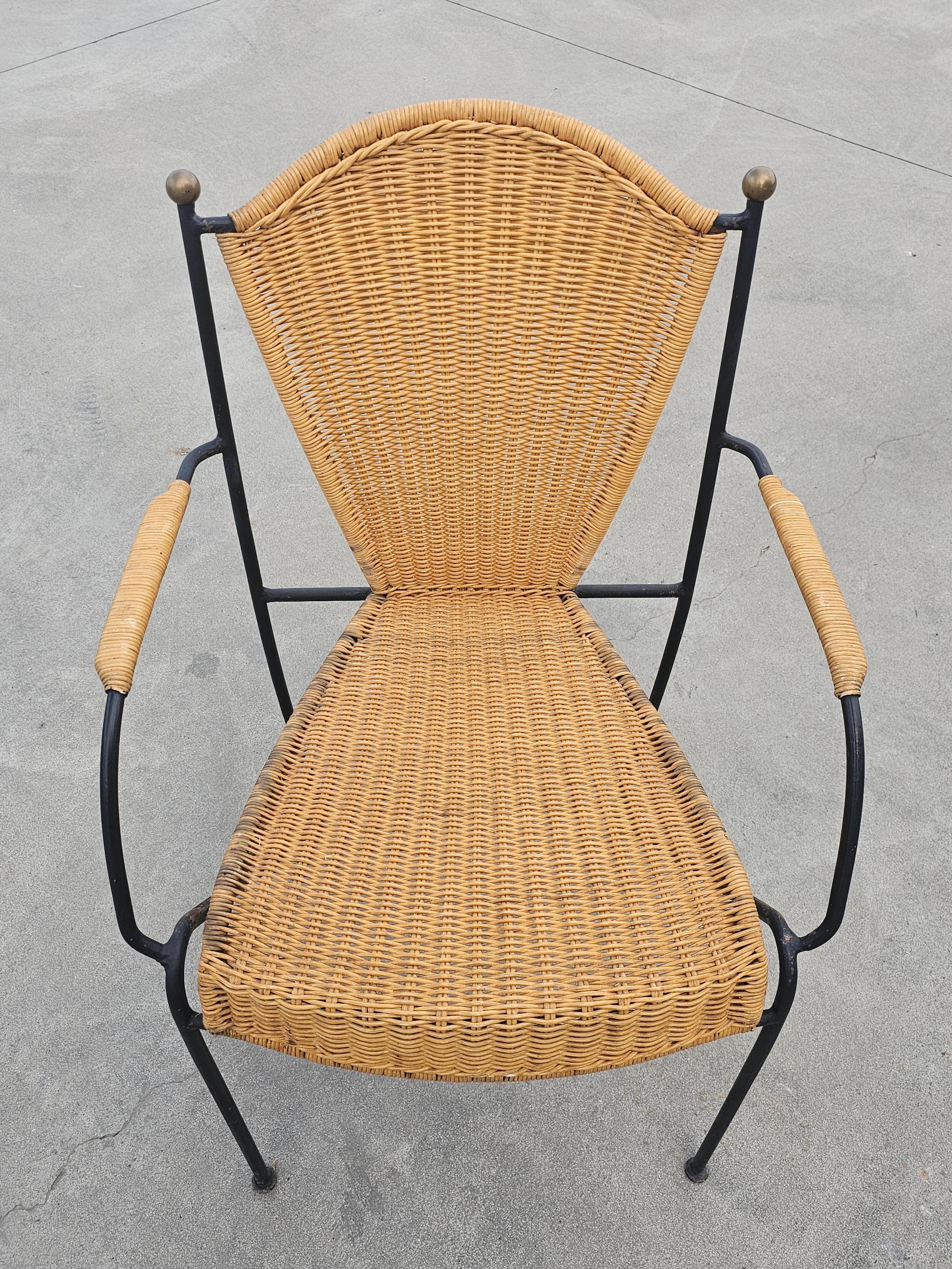 Mid-Century Chair by Frederic Weinberg in Rattan, Iron and Brass