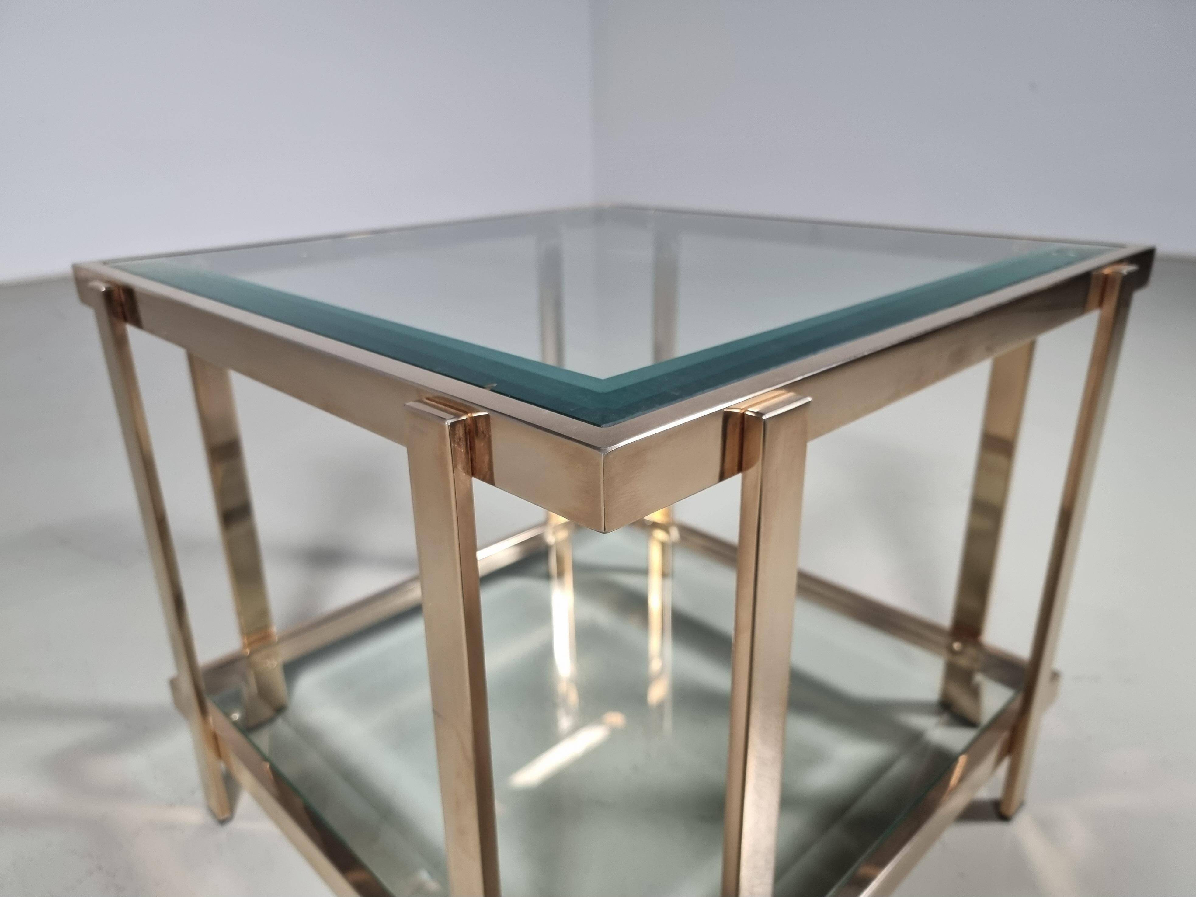 Square side table with two levels in modern Regency style, veneered in 23-carat gold by Belgo Chrom.