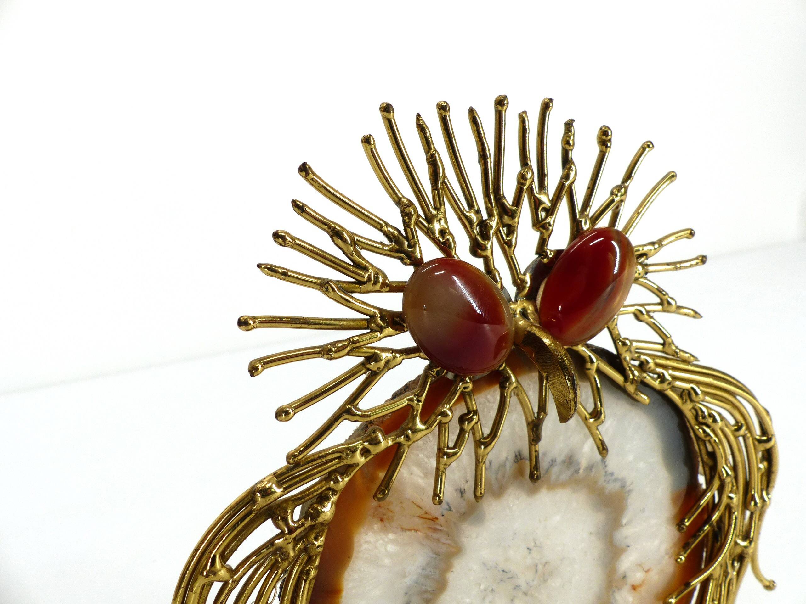 Brutalist owl sculpture in brass and agate 1970