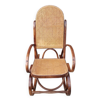 Fauteuil rocking chair, bois tourné, vintage, cannage, années 1960