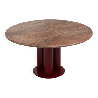 Round marble dining table with burgundy lacquered base