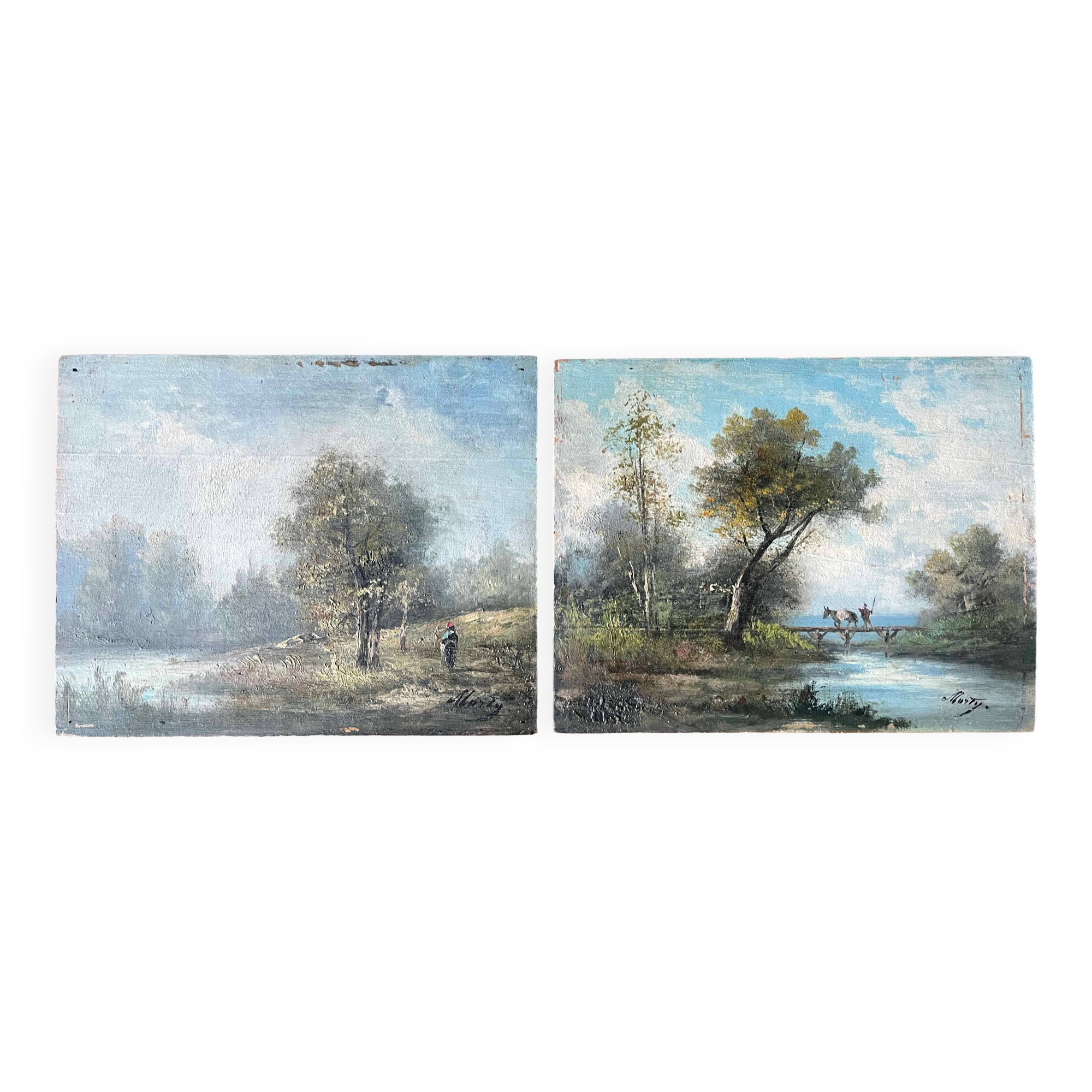 Paintings Pendant HSP "Barbizon Landscapes" signed Marty XIX°