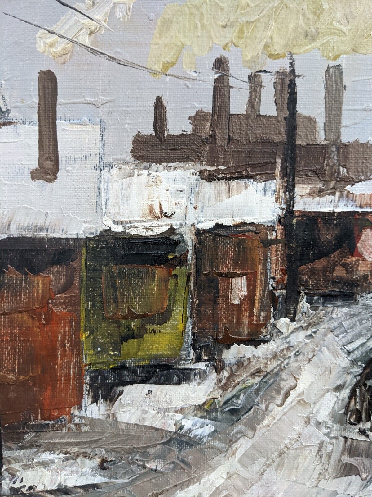 Mid-Century Modern Swedish "Chimneys" Vintage Winter Street Scene Oil Painting, Framed