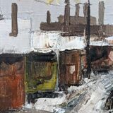 Mid-Century Modern Swedish "Chimneys" Vintage Winter Street Scene Oil Painting, Framed