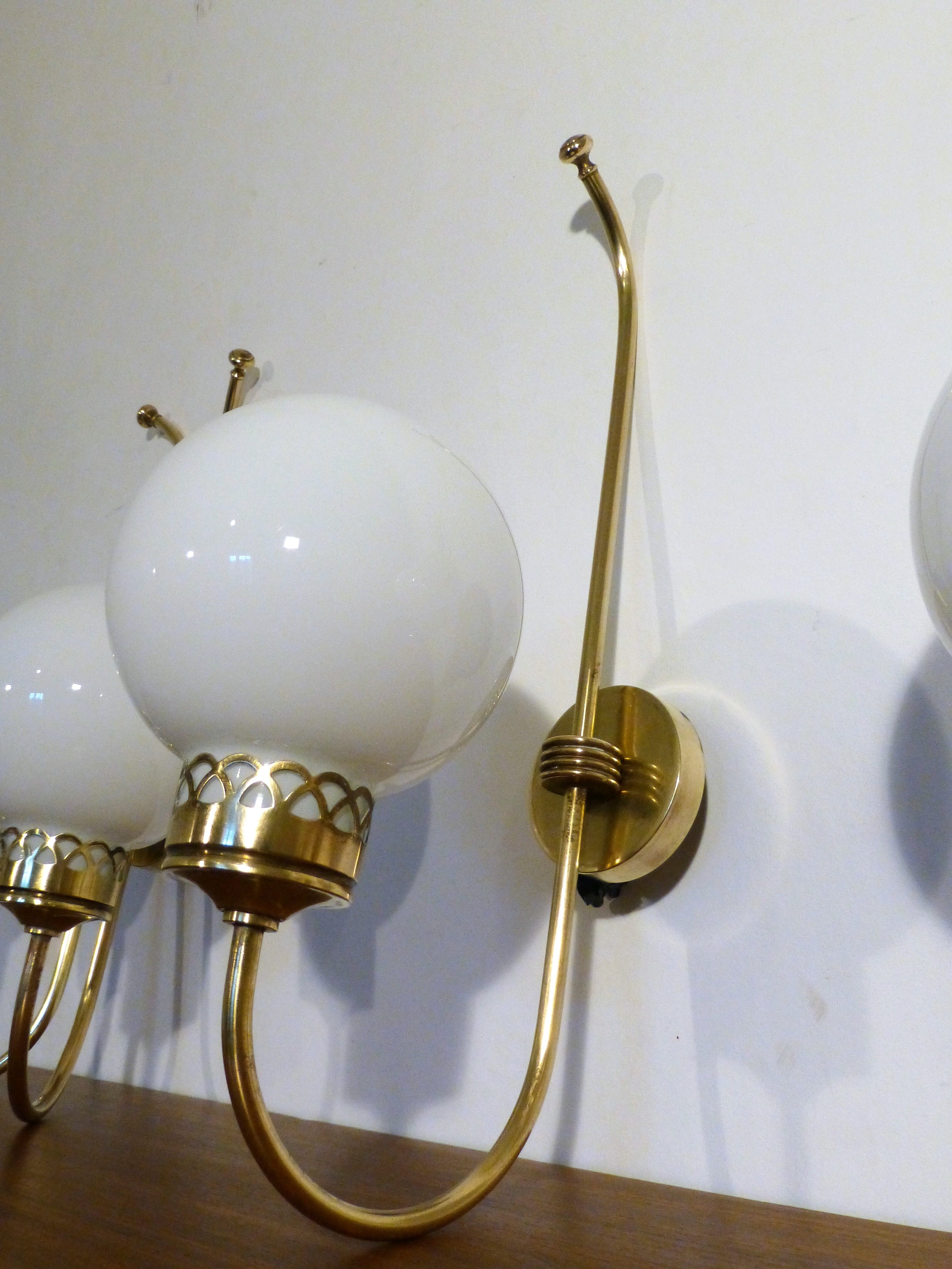 Trio of applique art deco brass and opaline. 1940