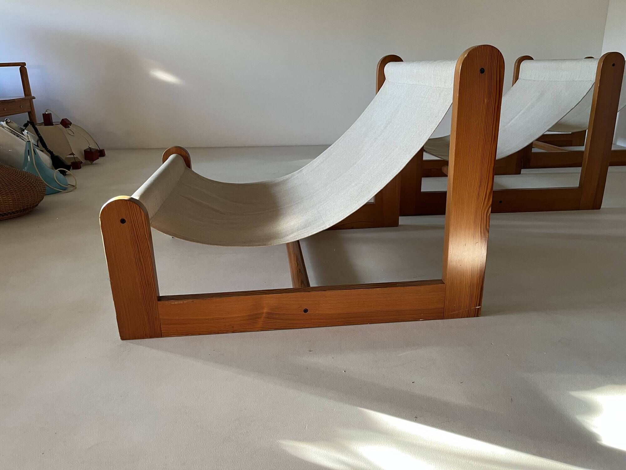 Sling chair in pine, canvas and sheepskin, 1970s