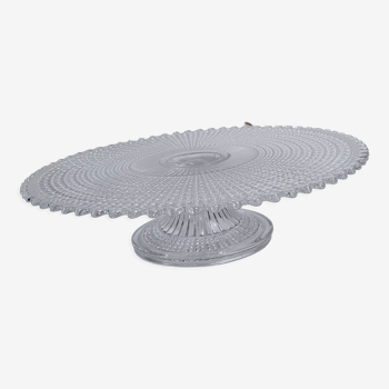 Transparent molded glass pie dish on foot