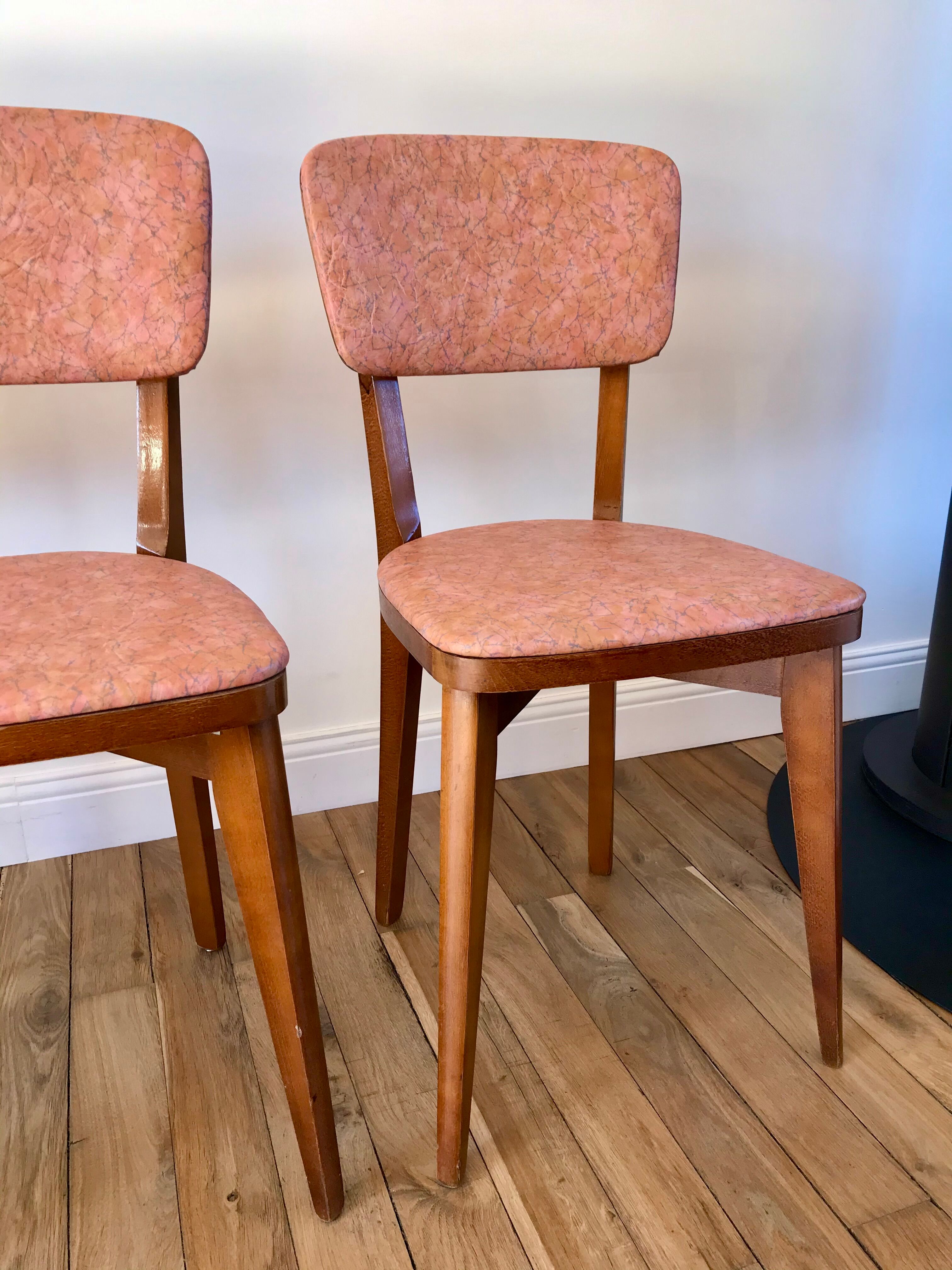Set of 6 Scandinavian chairs in beech wood and pastel skaï 50s