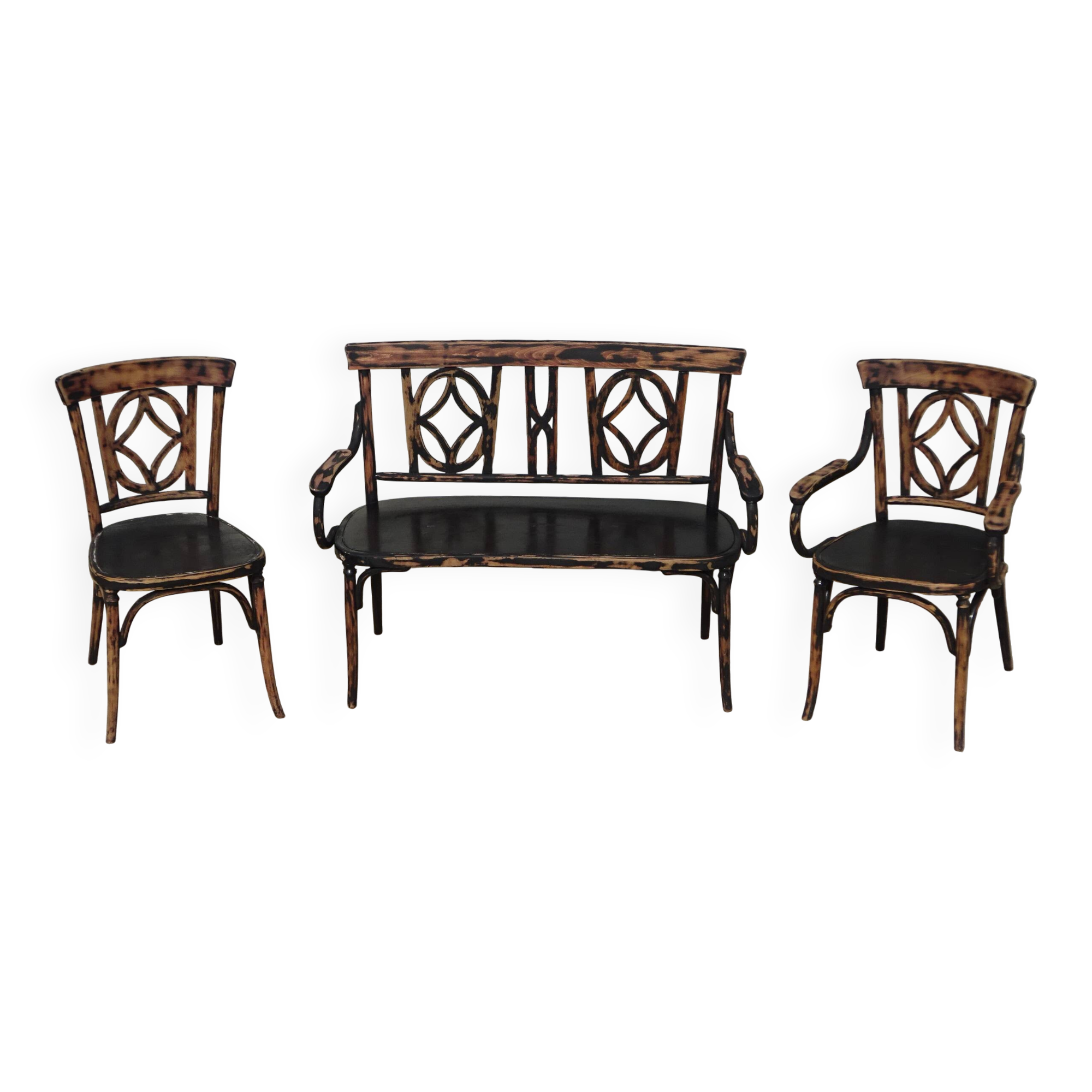 Baumann 1910s lounge, bench, armchair and bistro chair