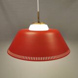 Hanging lamp in red lacquered metal and milky white opal glass 1970s Denmark.