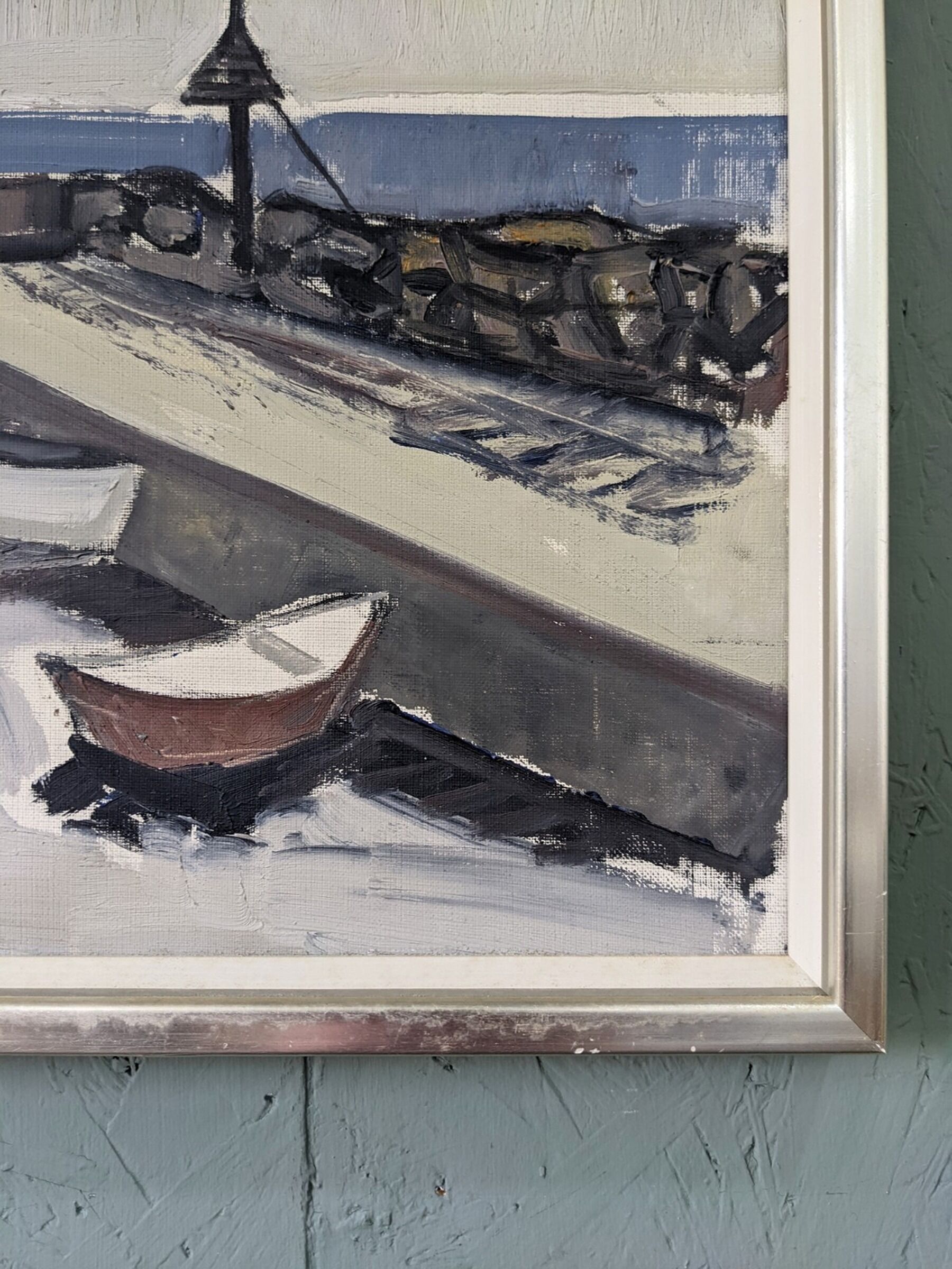 Mid-Century Modern Swedish "Boats at the Jetty" Vintage Coastal Landscape Oil Painting, Framed