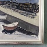 Mid-Century Modern Swedish "Boats at the Jetty" Vintage Coastal Landscape Oil Painting, Framed