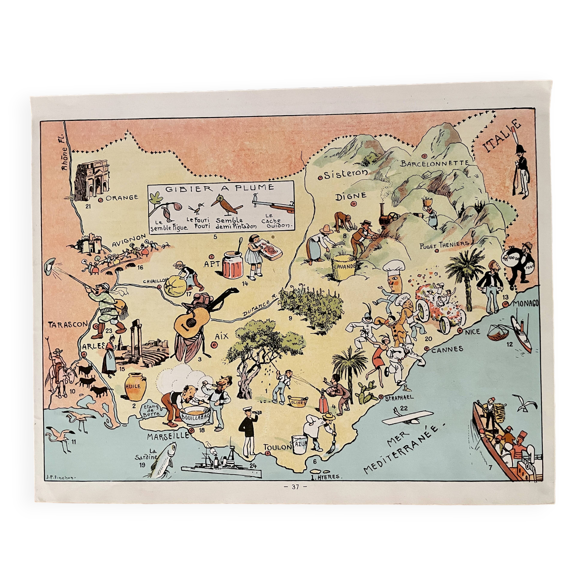 Affiche vintage carte illustrée de la Provence 1939 - JP Pinchon