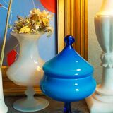 Covered pot on foot in vintage blue opaline