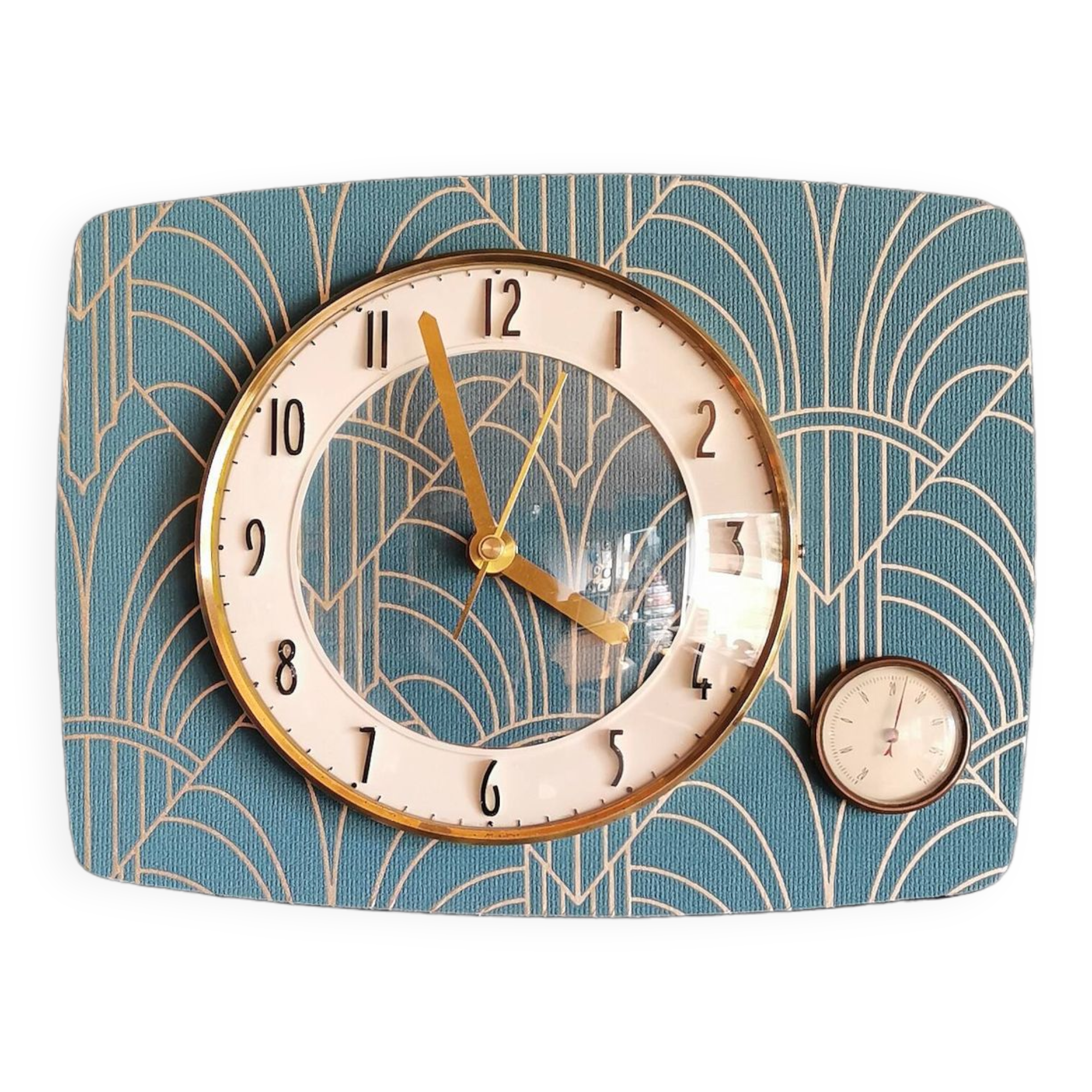 Vintage thermometer clock rectangular silent wall pendulum "Golden blue"