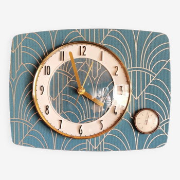 Horloge thermomètre vintage pendule murale silencieuse rectangulaire "Bleu doré"