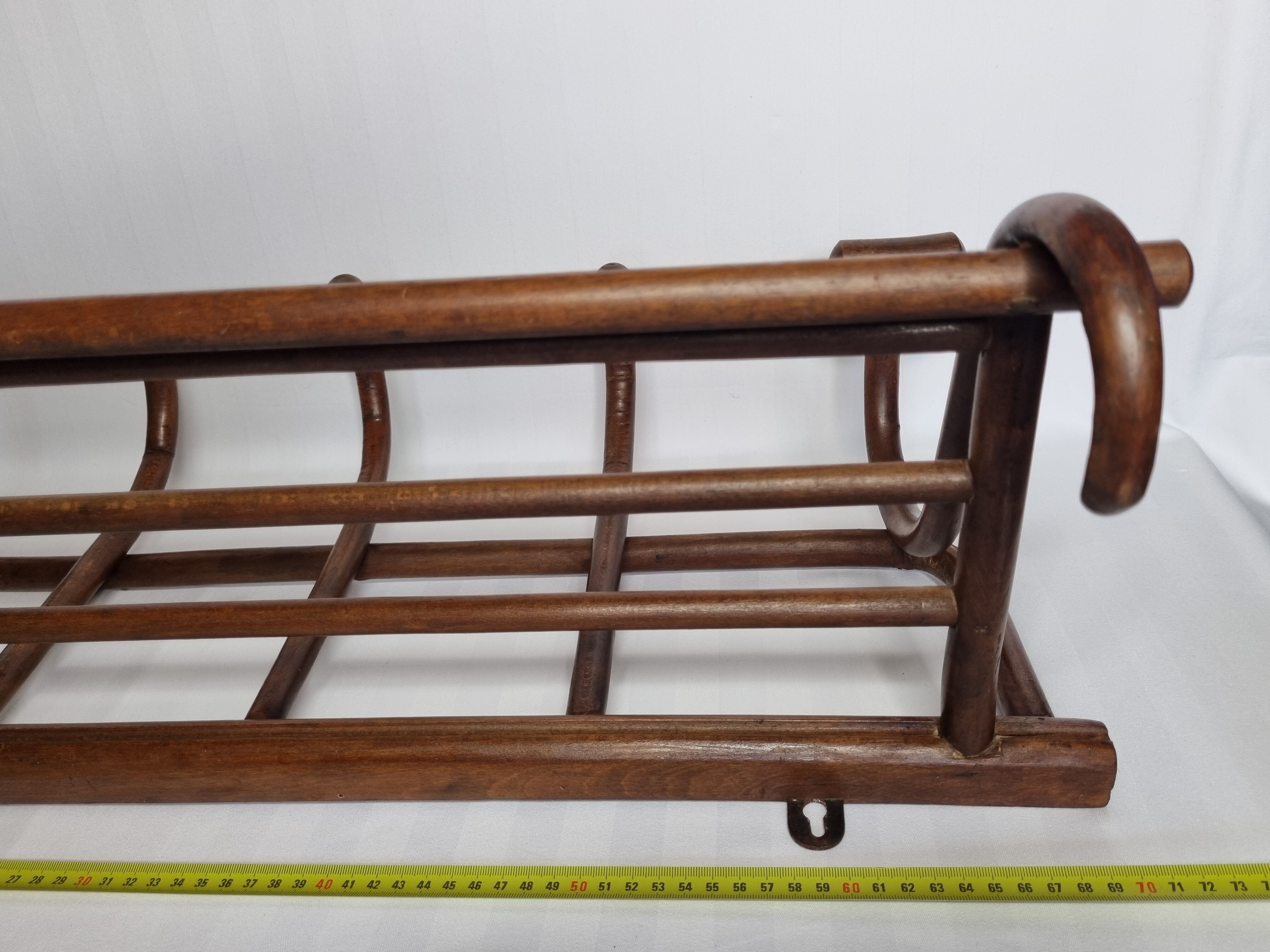 Portemanteau mural en bois courbé ancien 1900, 5 patères et un porte chapeau