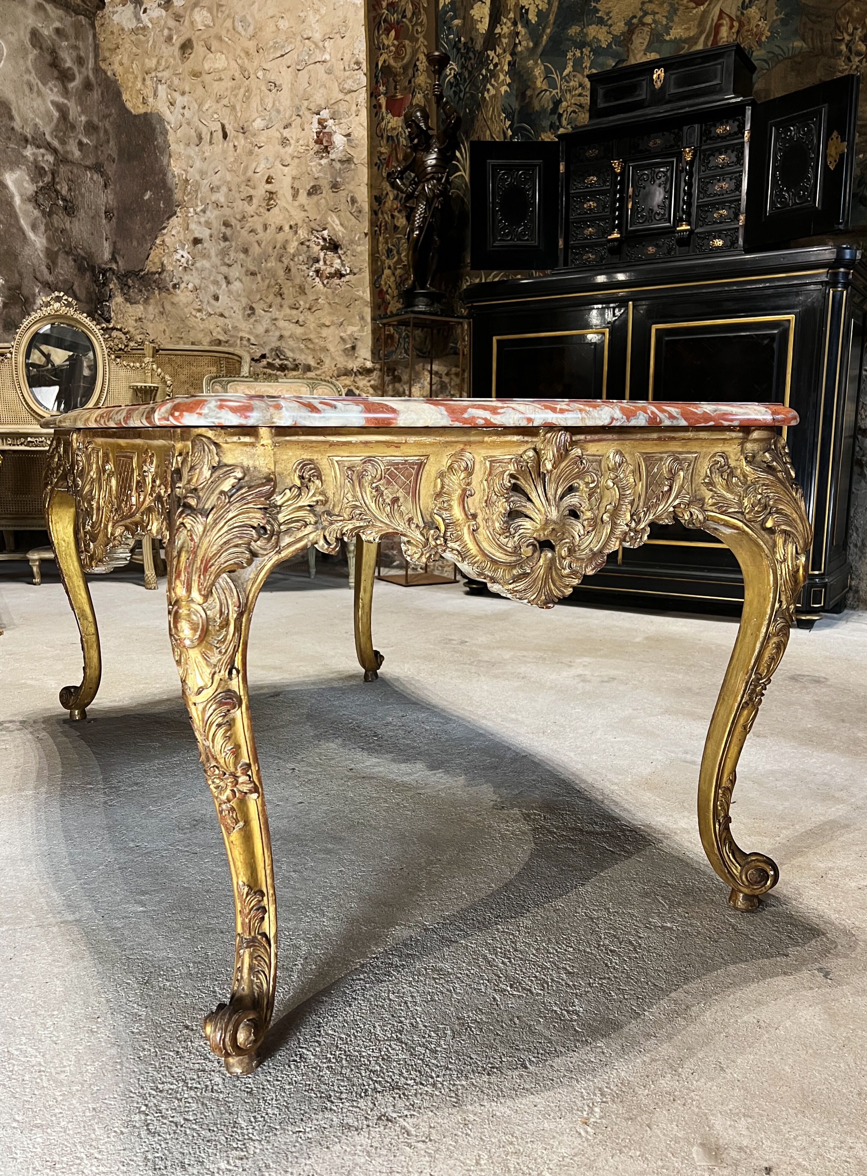 Middle table in gilded wood from the napoleon iii period red marble top