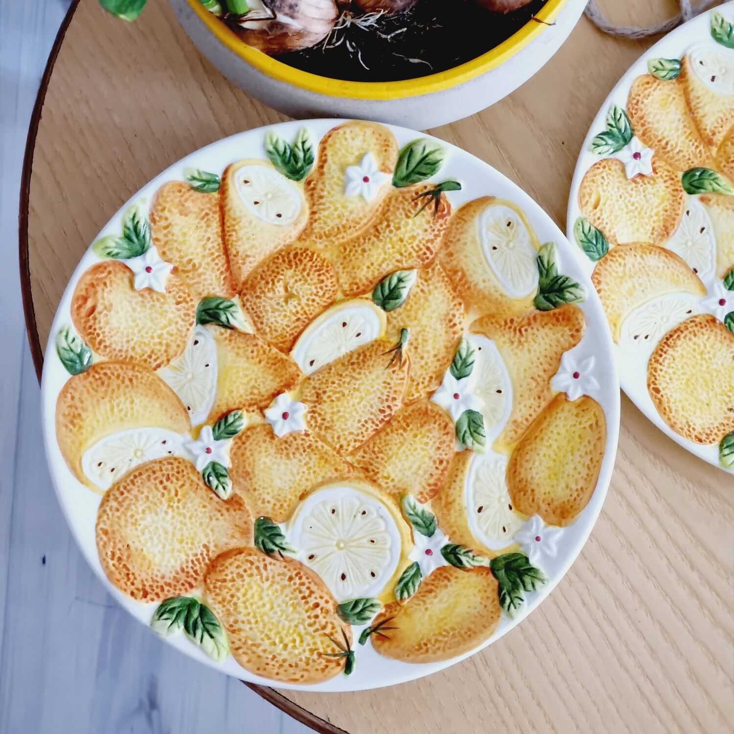 6 orange slip plates