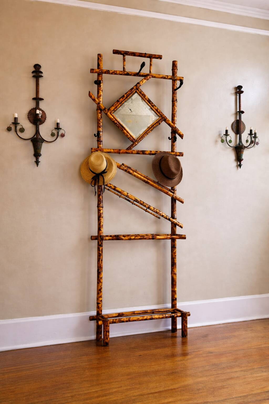 Antique bamboo wardrobe with mirror — exotic style, late 19th century