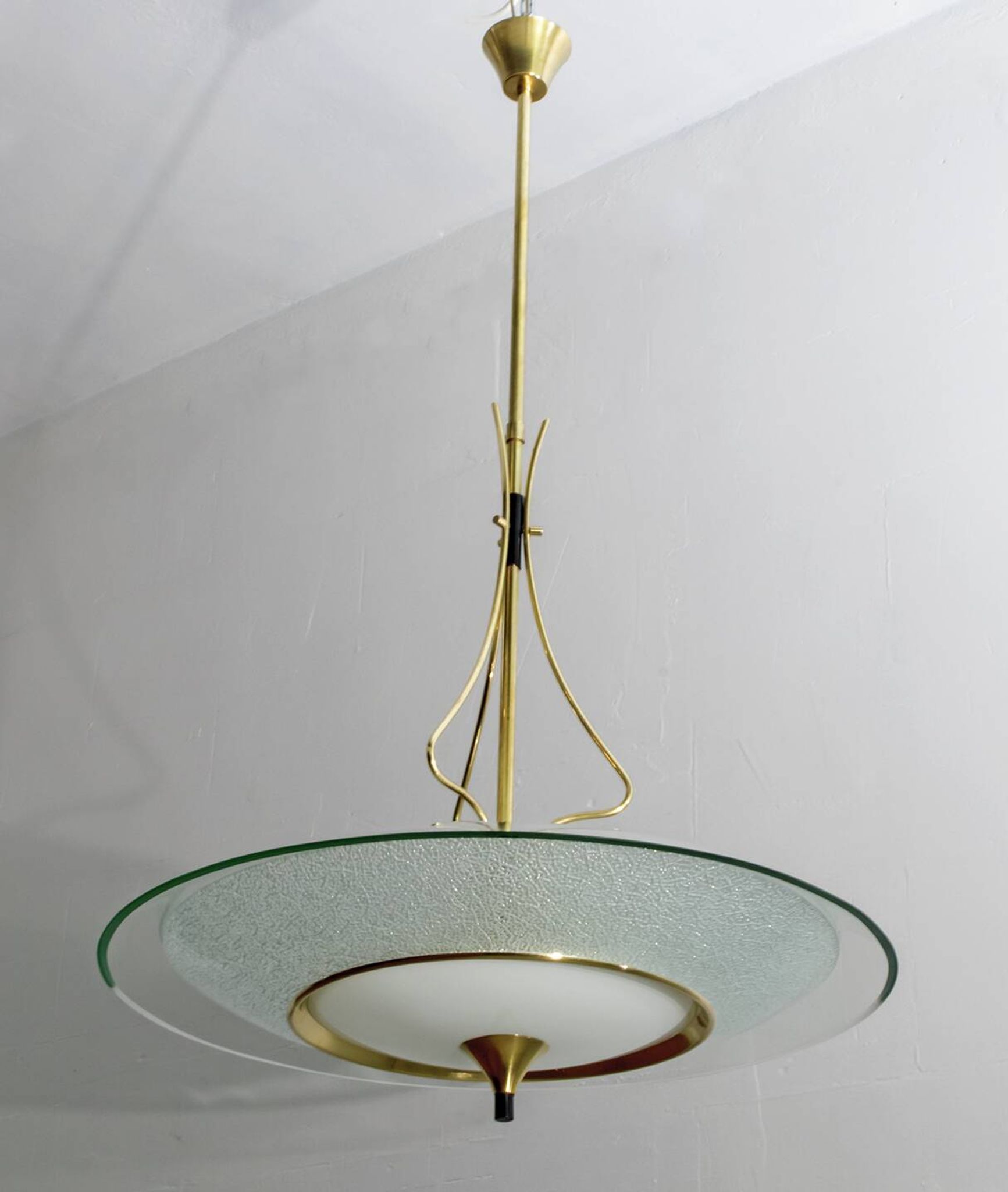 Fontana Arte Style Mid-Century Italian Glass and Brass Chandelier 40s