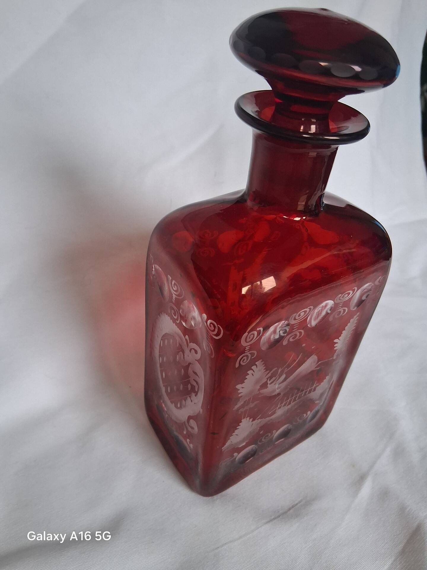 Antique Bohemian Crystal Carafe Egermann Ruby Red Engraved.