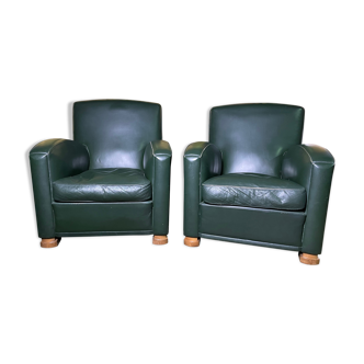 Pair of Poltrona Frau Green Leather Club Armchairs Limited Edition