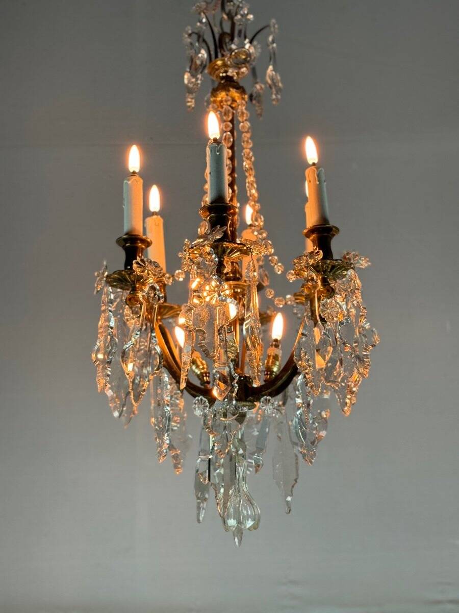 Gilt bronze cage chandelier decorated with cut crystal pendants circa 1900
