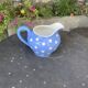 Lavender blue earthenware tea service with white polka dots from Digoin Sarreguemines.