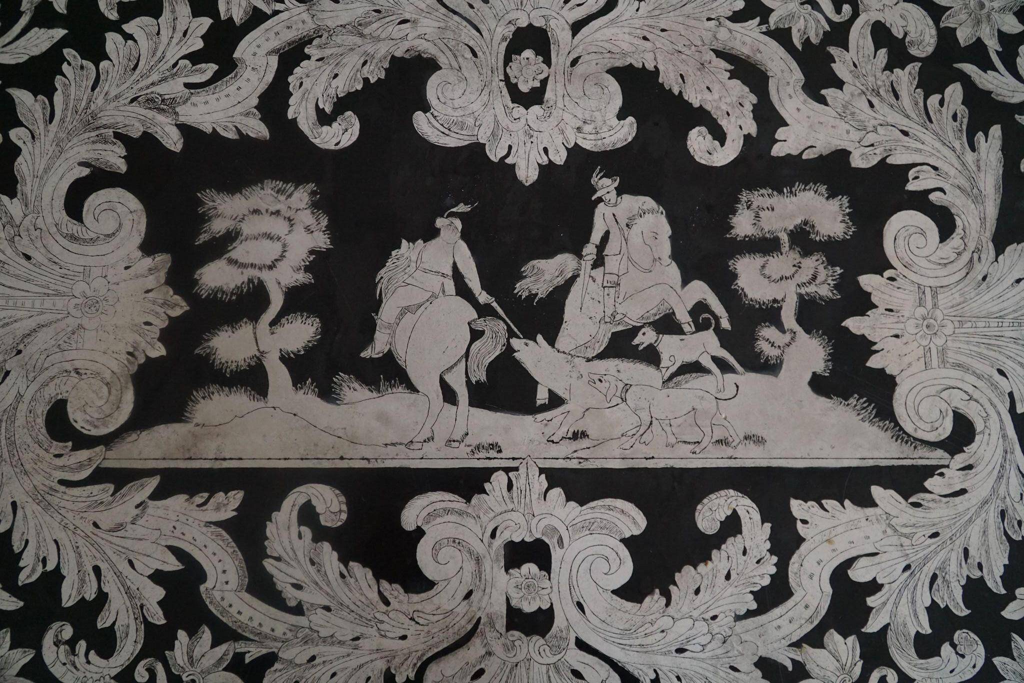 Antique Italian desk table, walnut and marble, Naples, 19th century.