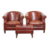 Set of 2 Cognac-Colored Cowhide Leather Club Chairs with Matching Ottoman