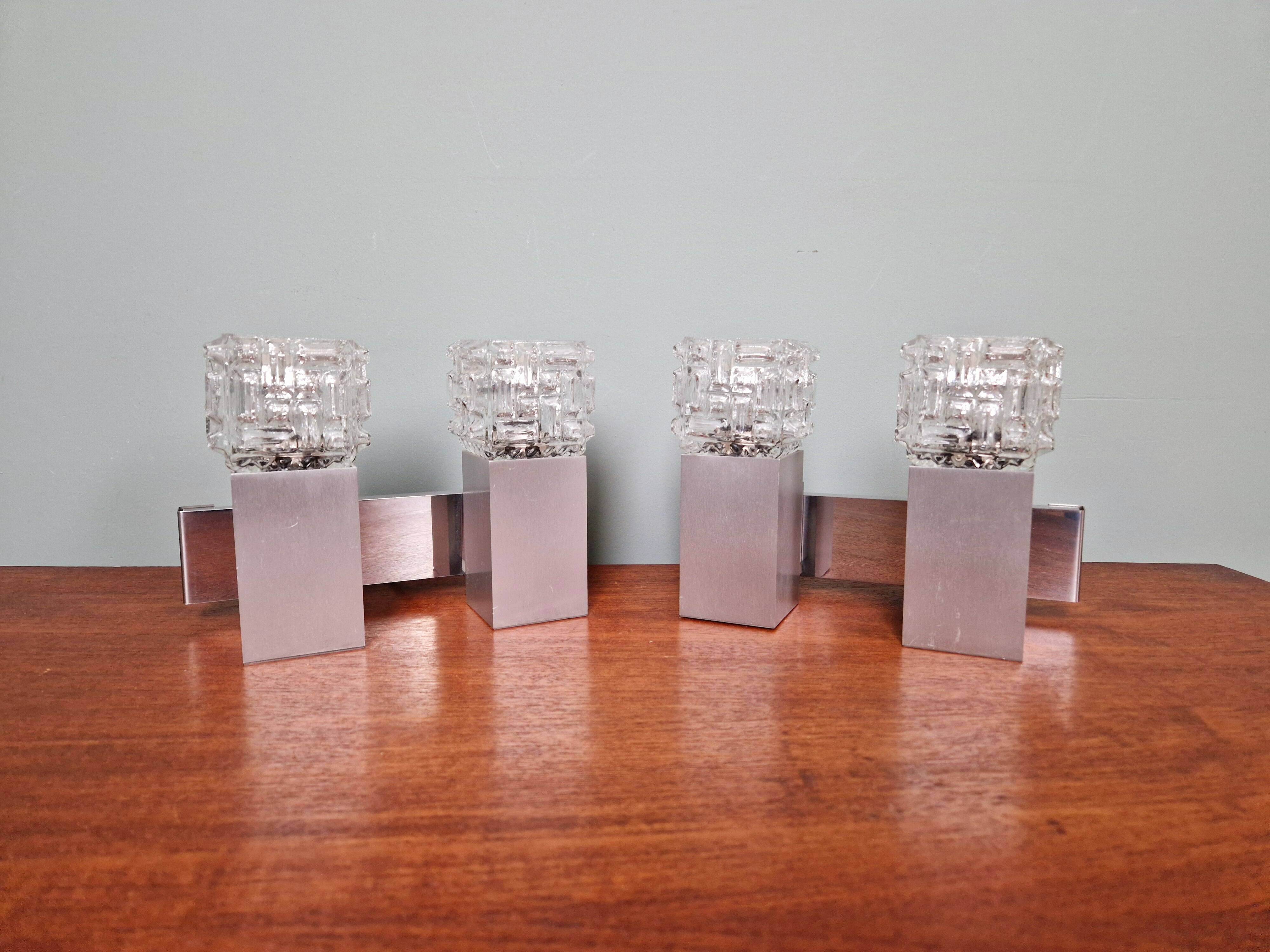 Pair of brushed aluminum and crystal wall lights, 1970s