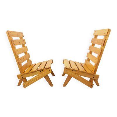Paire de fauteuils, chauffeuses vintage brutalistes à lattes en bois
