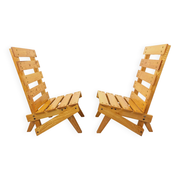 Paire de fauteuils, chauffeuses vintage brutalistes à lattes en bois