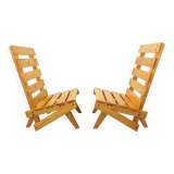 Pair of Vintage Brutalist Slatted Wood Lounge Chairs
