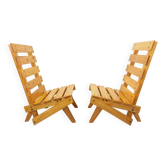 Paire de fauteuils, chauffeuses vintage brutalistes à lattes en bois