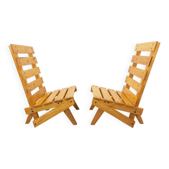Paire de fauteuils, chauffeuses vintage brutalistes à lattes en bois