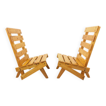 Pair of Vintage Brutalist Slatted Wood Lounge Chairs