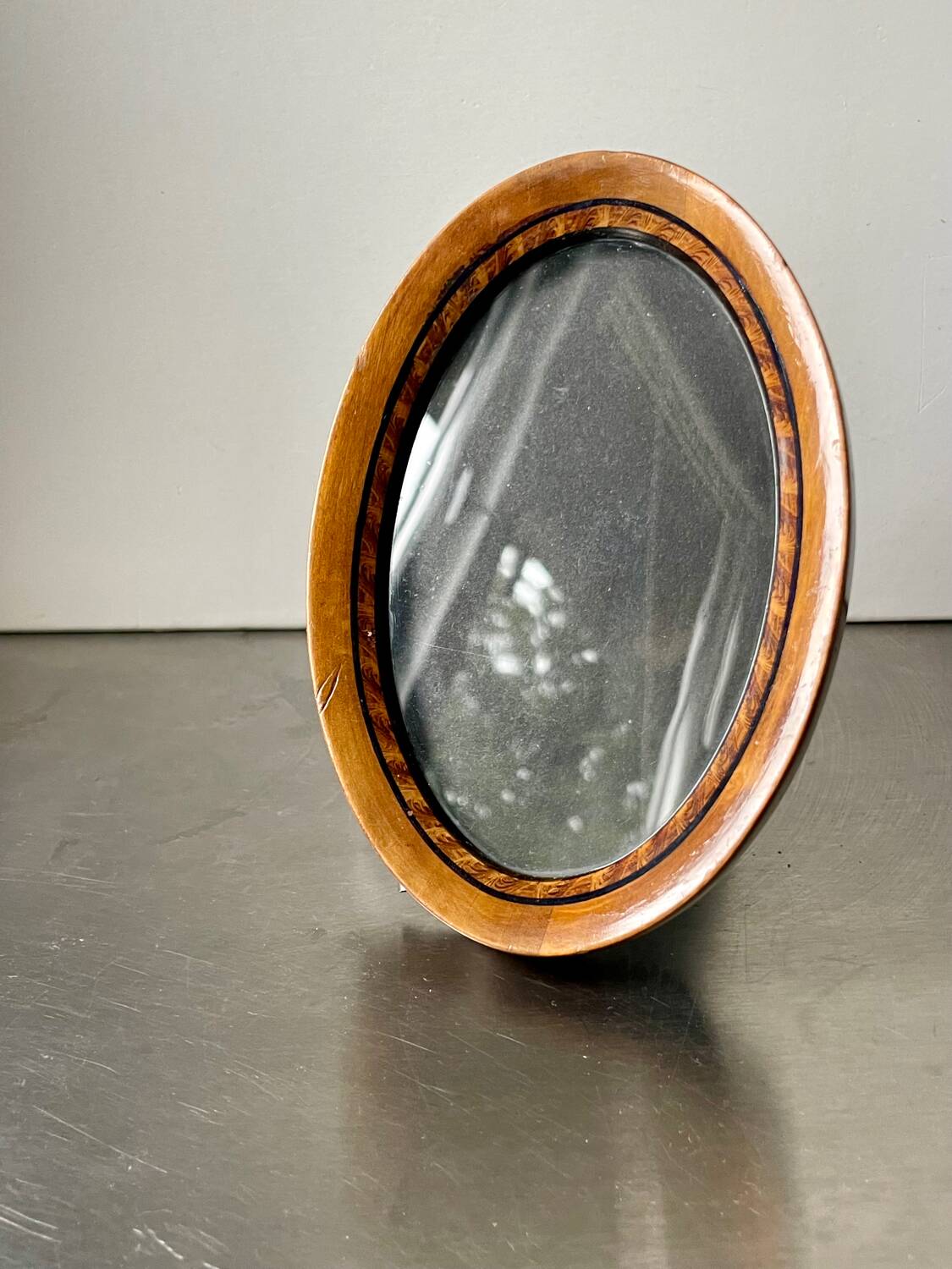 Antique Oval wooden frame with intarsia inlay 15.5 cm x 10 cm