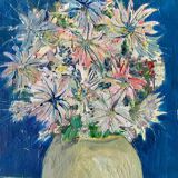 tableau / huile sur toile nature morte bouquet coloré années 50