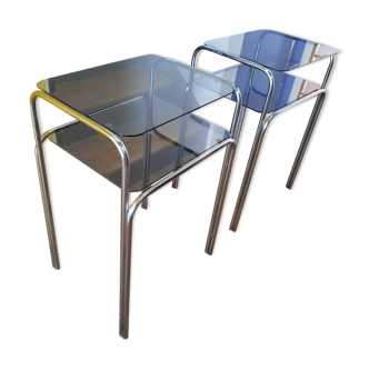 Paire de consoles en verre fumé et chrome,années 1970