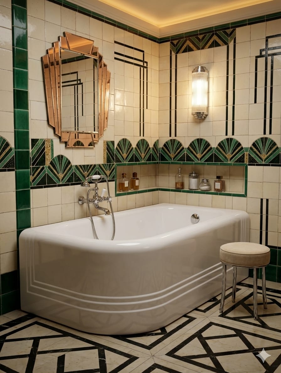 Art Deco bathtub from the 1930s and washbasin.