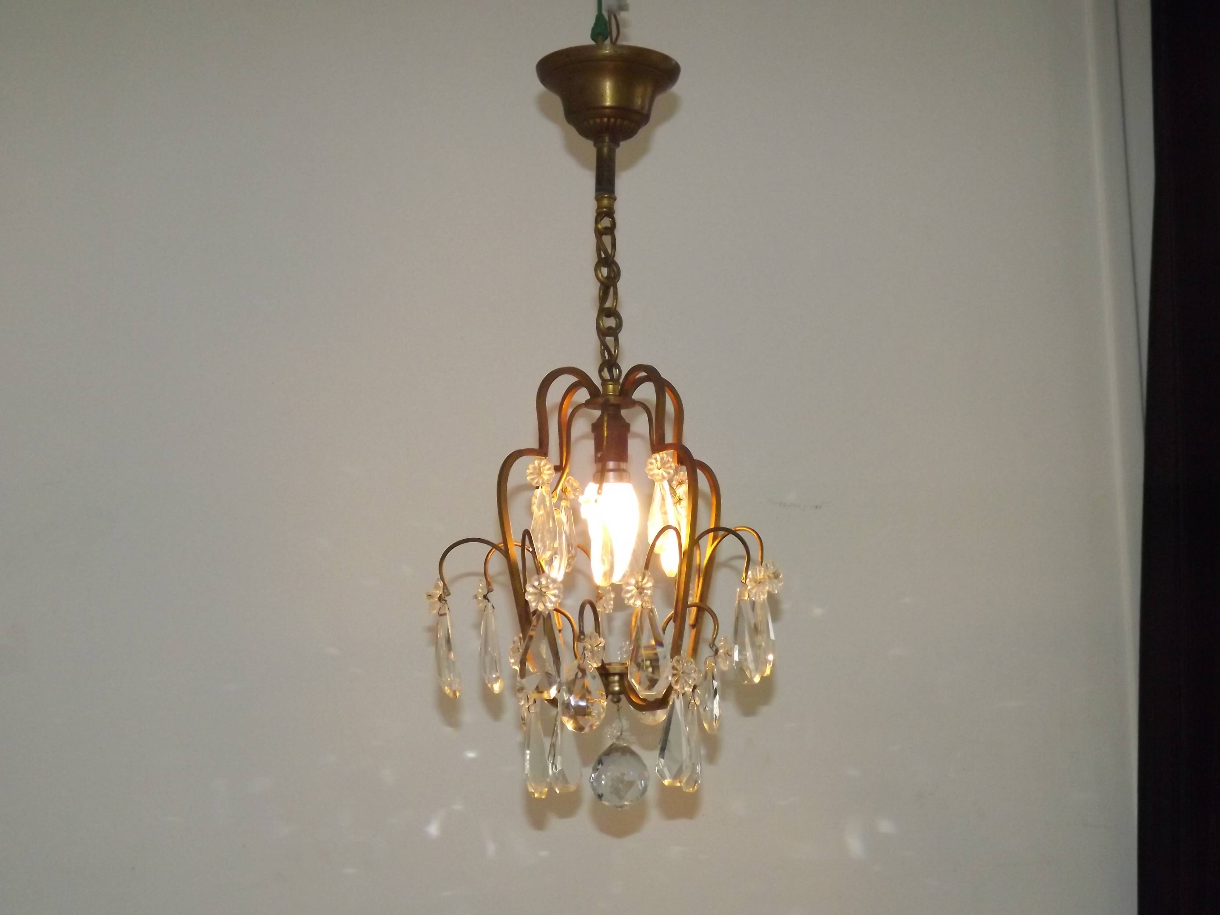 Small French Vintage Brass Single Light 4-Sided Crystal Cage Chandelier
