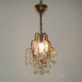 Small French Vintage Brass Single Light 4-Sided Crystal Cage Chandelier