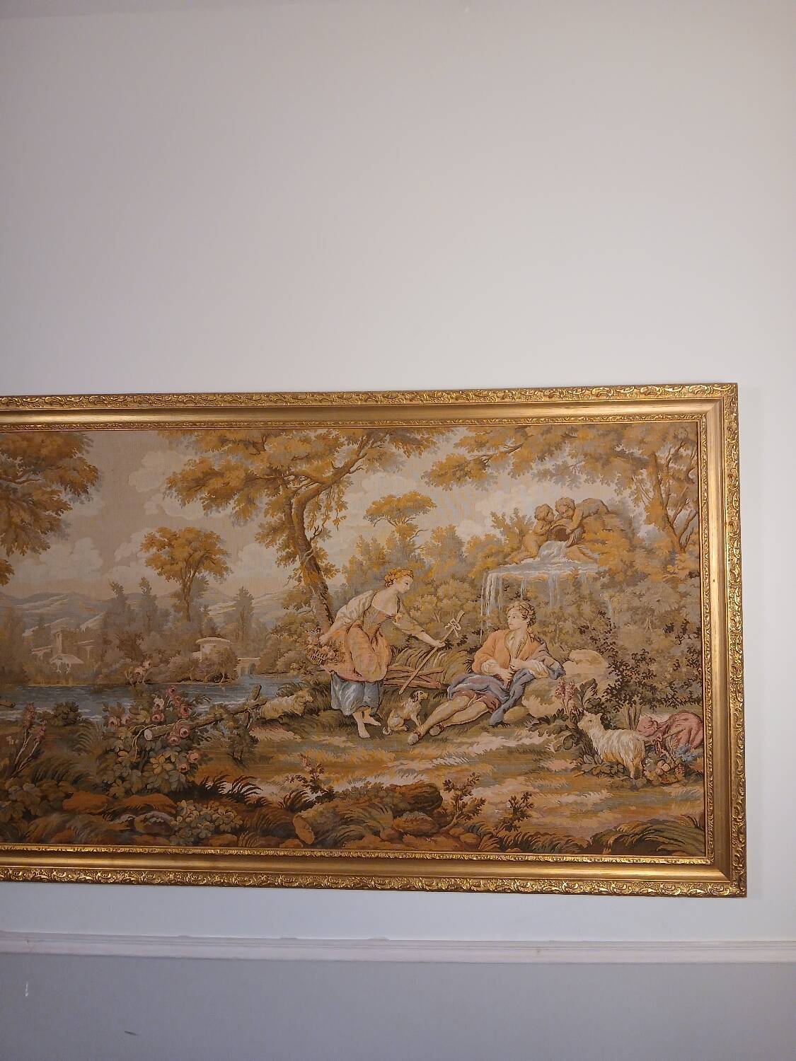 Large jacquard tapestry with a gilded wooden frame – 163x83 cm.